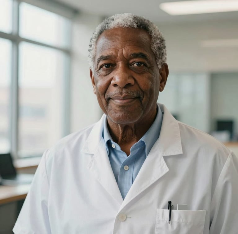Dignified portrait of a senior Black male medical director in professional attire, warm natural window light, soft focus background of a modern clinical office, 35mm.