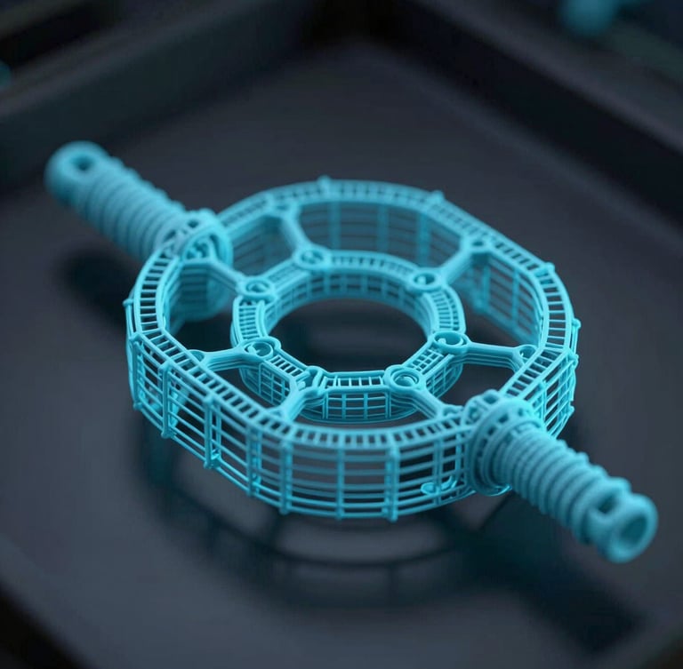 Macro close-up of a high-fidelity 3D digital model in slicing software, showing bright cyan support structures and perfect manifold wireframe geometry, dark moody atmosphere, octane render.