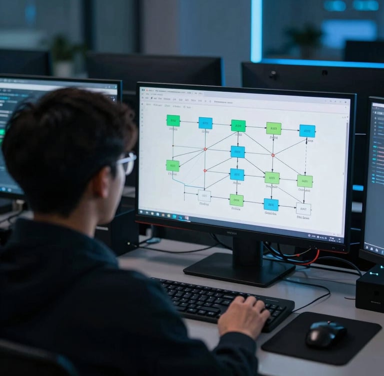 Over-the-shoulder shot of a technical classroom, student analyzing complex network topology diagrams on high-contrast monitors, low-key ambient lighting with electric blue accents, sharp focus, 35mm