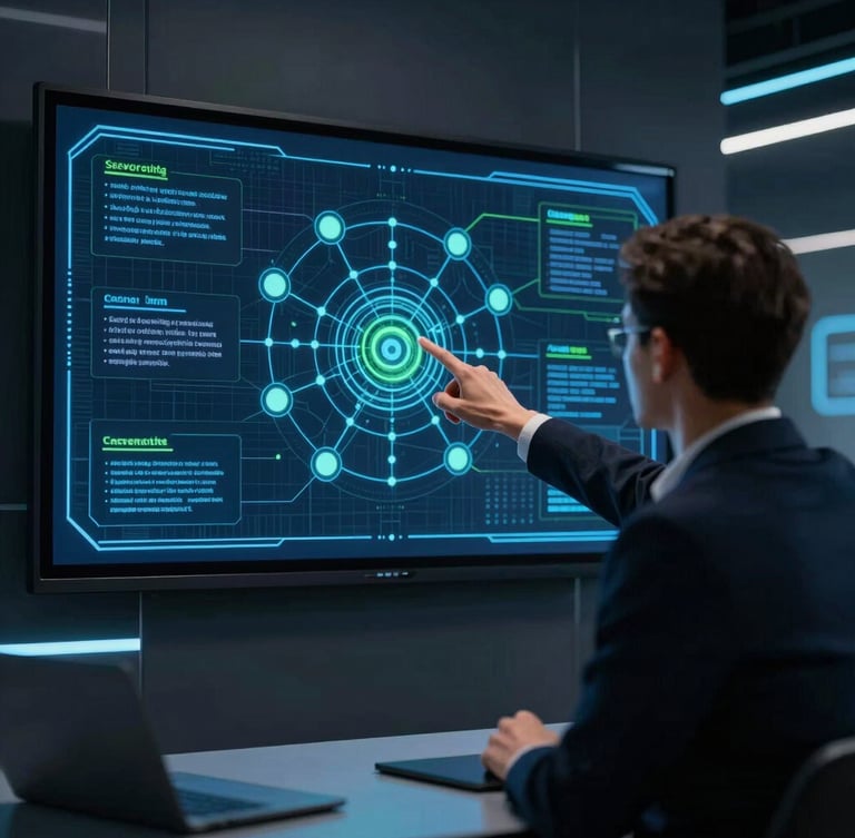 An over-the-shoulder shot of a cybersecurity instructor pointing at a complex network topology diagram on a large display in a dark modern classroom, neon blue accents