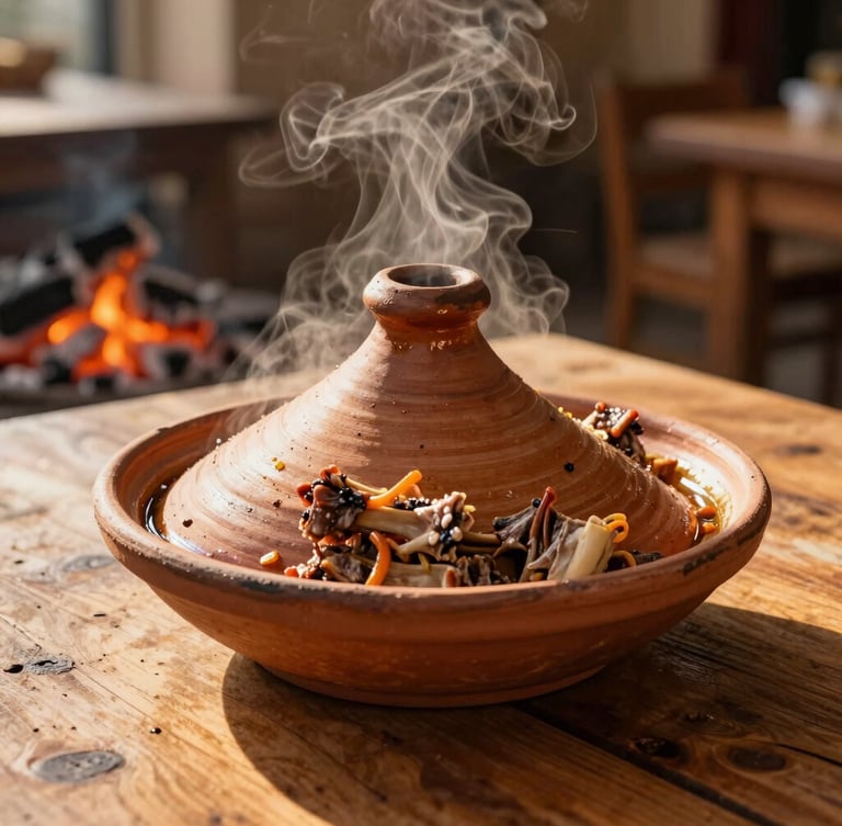 Steam rising from a traditional clay-pot lamb tajine on a rustic wooden table, low-angle golden-hour sun, warm editorial food photography