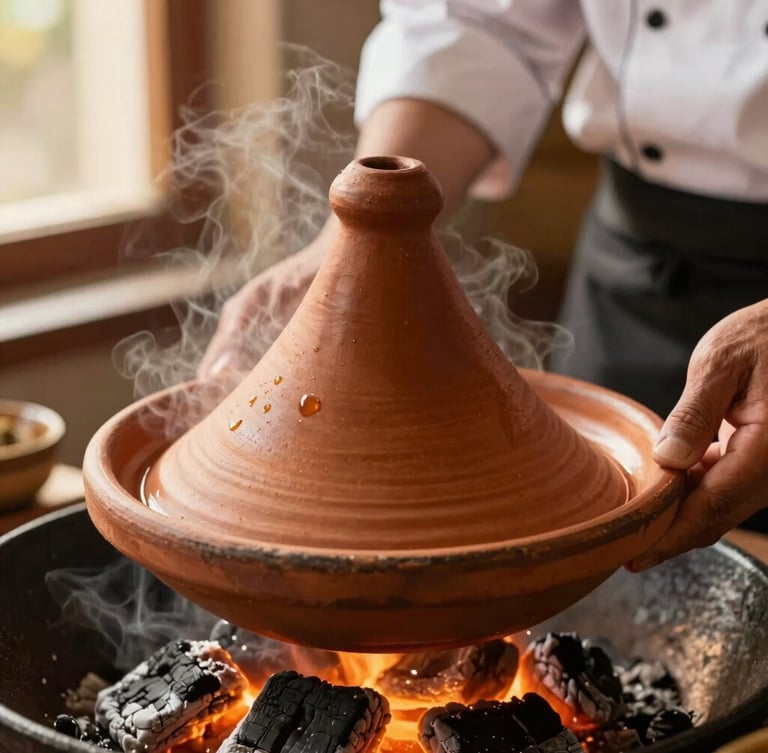 Close-up shot of a chef's hands lifting a steaming clay-pot tajine, rich terracotta colors, warm golden-hour light filtering through a window, shallow depth of field
