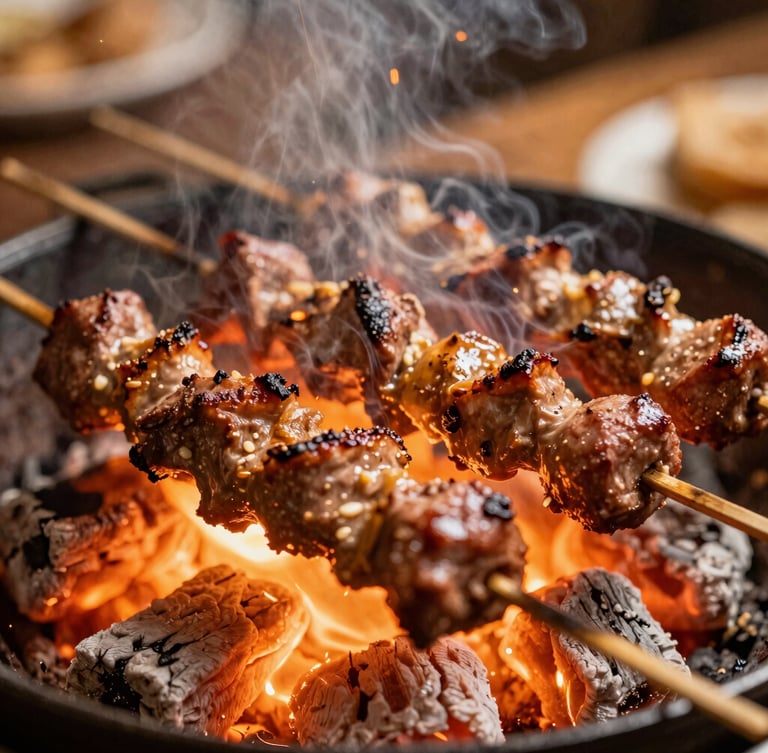 Tight sensory close-up of sizzling mixed kebabs over glowing charcoal embers, sparks flying, warm amber tones, 35mm film style