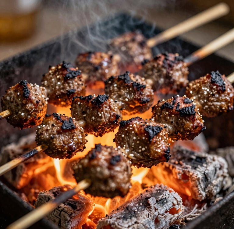 Tight sensory close-up of charred lamb kofta skewers sizzling on open charcoal flames, glowing embers, warm amber light, shallow depth of field, 35mm film