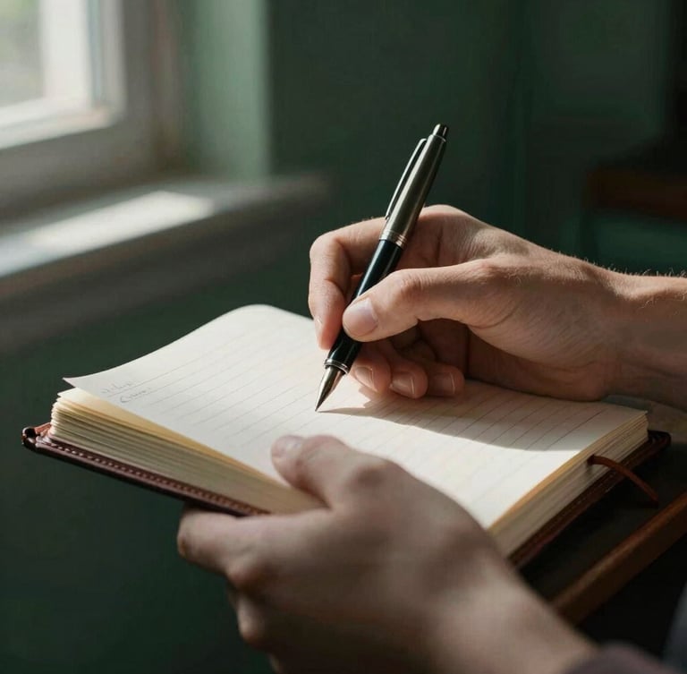 Close-up of hands reviewing a leather-bound ledger with a fountain pen, soft directional window light creating scholarly shadows, muted deep crimson and forest green tones, 35mm, shallow depth of field
