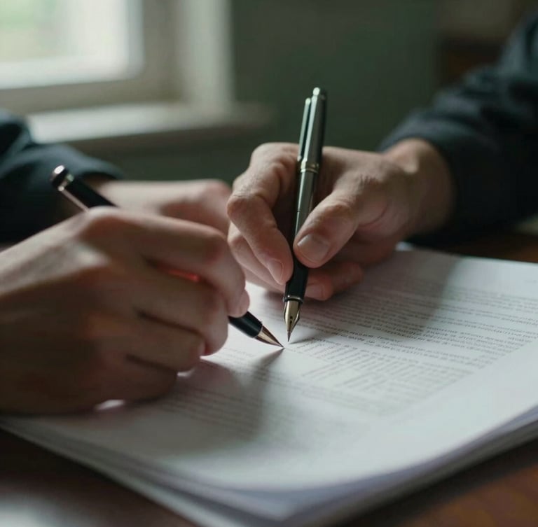 Close-up of hands reviewing physical documents with a fountain pen on heavy paper, soft directional window light, scholarly shadows, 35mm, shallow depth of field.