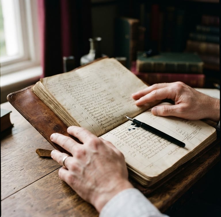 Close-up of hands reviewing a leather-bound ledger under soft window light, a fountain pen resting on heavy parchment paper, scholarly shadows, editorial heritage photography.