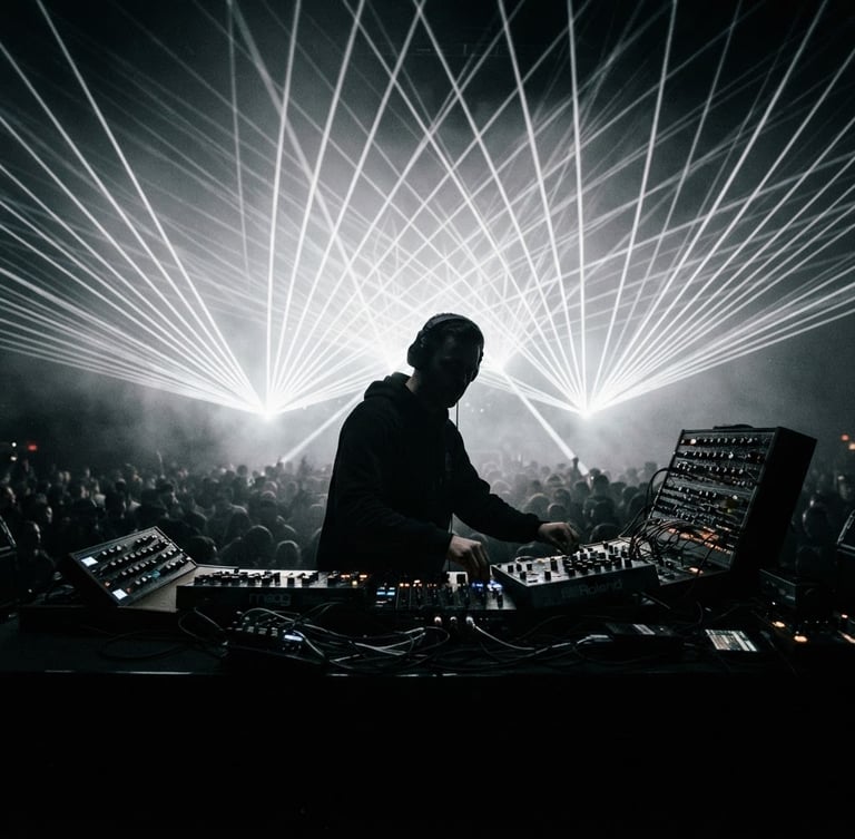 Low-angle heroic shot of DJ DINMAN behind analog synthesizers, silhouette against intense monochromatic laser beams cutting through heavy haze, 35mm film, dark cinematic concert photography