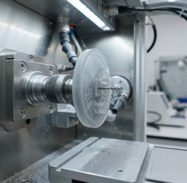 Macro shot of a G-Cam polymer disc mounted inside a high-precision CAD/CAM milling machine, bright laboratory lighting, sharp focus on the translucent grey structure, sterile medical aesthetic.