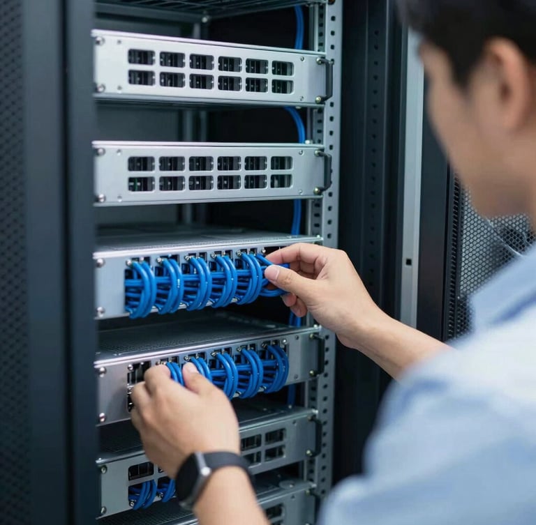 Close-up of a professional technician in uniform managing clean server racks with immaculate blue structured cabling, cool-toned server room lighting, 35mm
