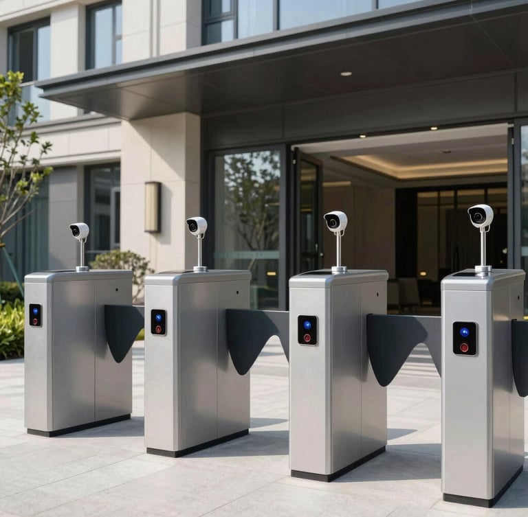Modern residential condominium entrance with automated access control turnstiles, sleek security cameras, bright daylight, professional architectural photography, 35mm