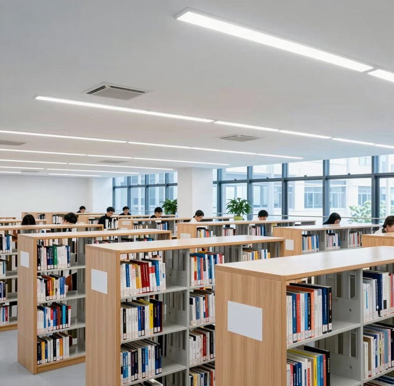 A bright modern university library with students working, clean architectural lines, high-density wireless access points visible on the ceiling, professional technical aesthetic, 35mm