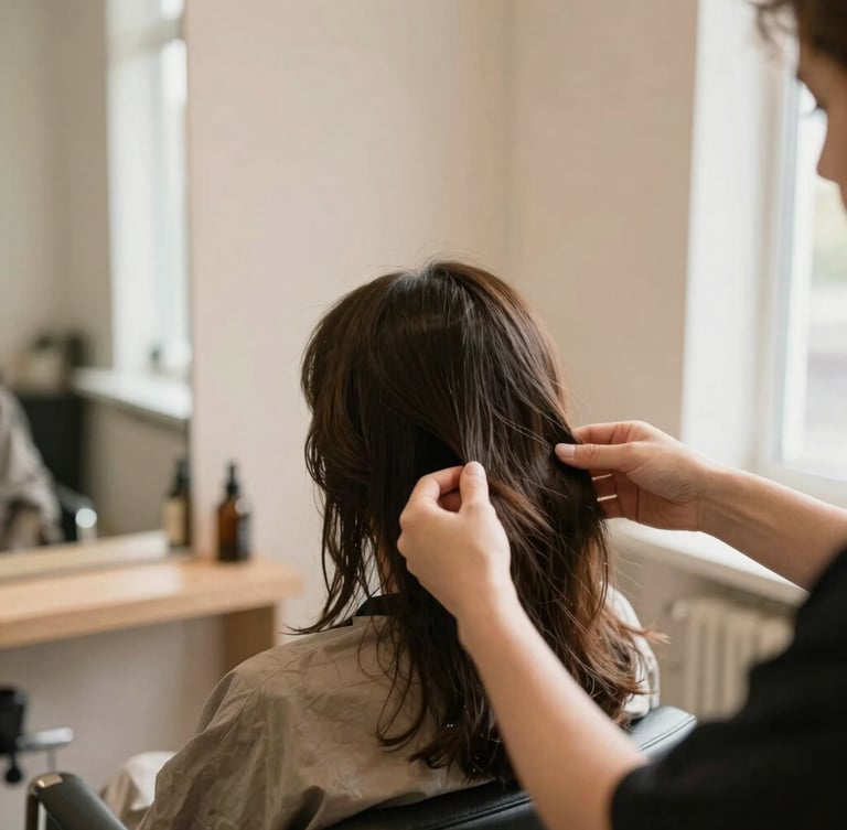 Stylist hands gently analyzing natural hair texture, warm sunlit minimalist salon interior, soft beige tones, professional 35mm film look