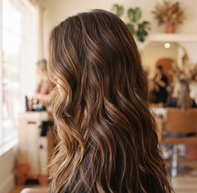 Close-up of natural textured wavy hair, warm sunlit salon background, soft daylight, professional 35mm film look