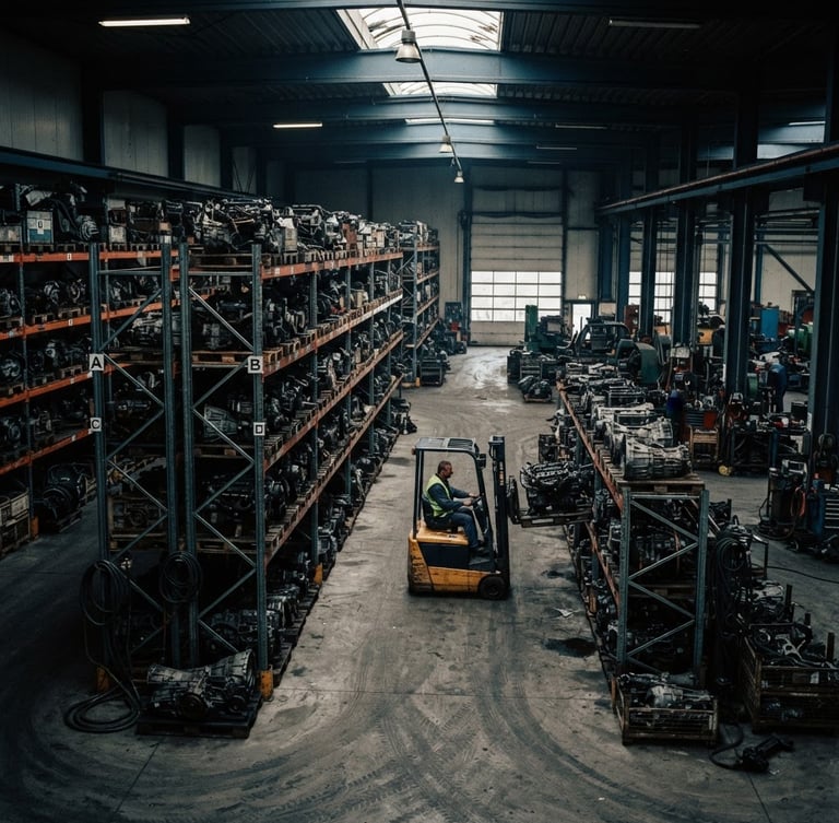 Wide environmental shot of a massive, organized automotive dismantling warehouse with high steel shelves full of sorted engines and gearboxes, low-key industrial lighting, dramatic shadows, 35mm film style
