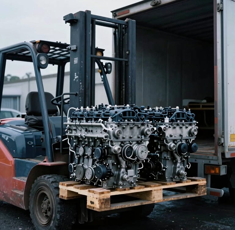 Close-up of a forklift loading a wooden pallet stacked with tested, clean car engines onto a transport truck, overcast outdoor yard lighting, steel blue tones