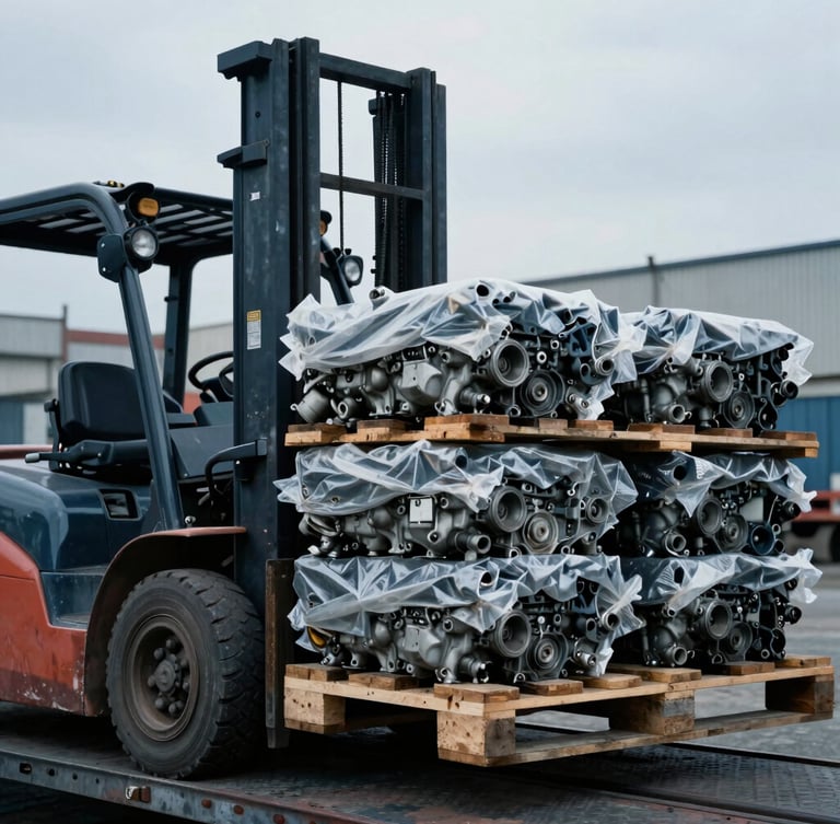 Close-up of a forklift loading heavy wooden pallets containing wrapped used engines onto a flatbed truck, overcast sky, gritty industrial yard background, steel blue color grading.