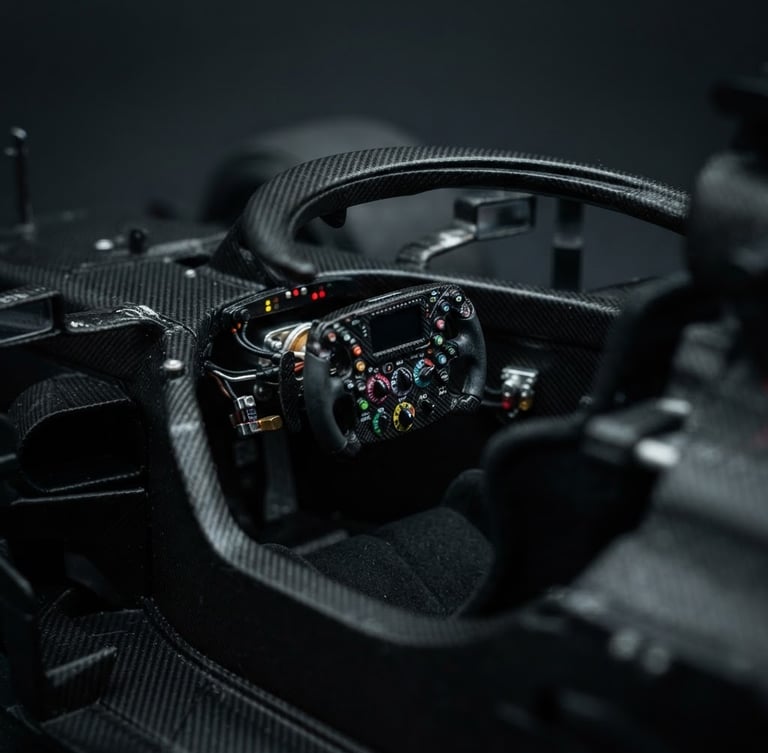 Macro close-up of a 1:18 scale Formula 1 miniature cockpit, showing extreme steering wheel details, carbon texture, dramatic studio lighting, deep charcoal background.