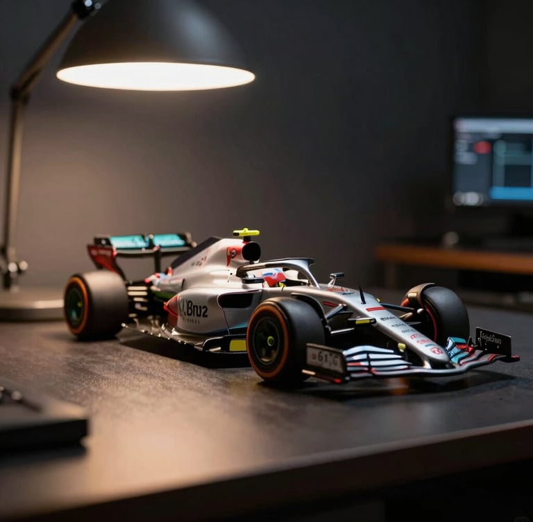 A high-fidelity 1:18 Formula 1 scale model miniature displayed proudly on a sleek dark office desk, warm ambient desk lamp highlight, technical background, dramatic reflections.