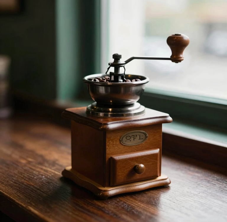 Warm editorial photography of a vintage coffee grinder on a dark wooden counter, soft window light, rich coffee brown tones, shallow depth of field