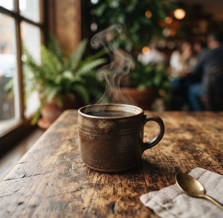 Warm editorial photography of a steaming cup of coffee on a rustic wooden table, soft window light casting gentle shadows, rich coffee brown tones, shallow depth of field.