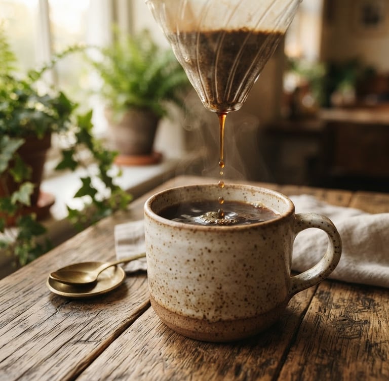 A medium close-up of steaming slow-drip coffee pouring into a ceramic mug on a rustic wooden table, warm morning window light, shallow depth of field, rich coffee brown tones.