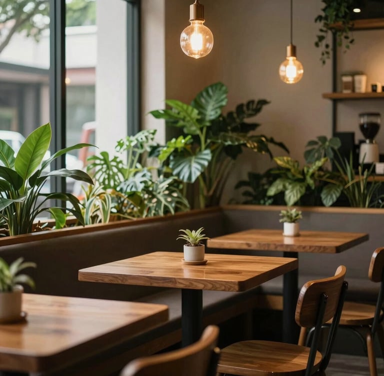 Cozy corner of a modern Malaysian cafe with lush green indoor plants, warm overhead pendant glow, empty wooden tables waiting for guests, warm editorial style.