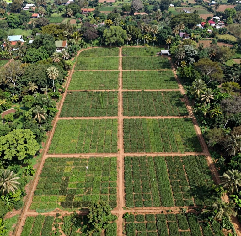 Overhead orthomosaic drone mapping view of a structured plantation grid in Tamil Nadu, bright natural daylight, crisp documentary style.