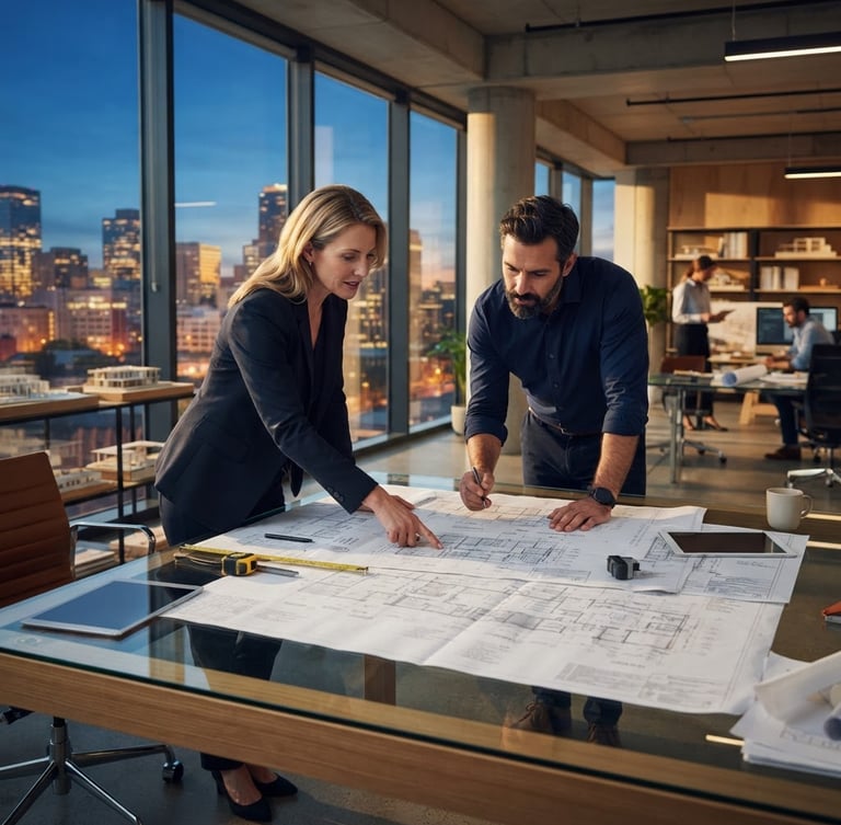 Wide-angle view of two professionals in a modern, sunlit office, reviewing architectural blueprints on a glass table, emphasizing collaboration and detailed analysis, crisp daylight, deep blues and warm gold accents.