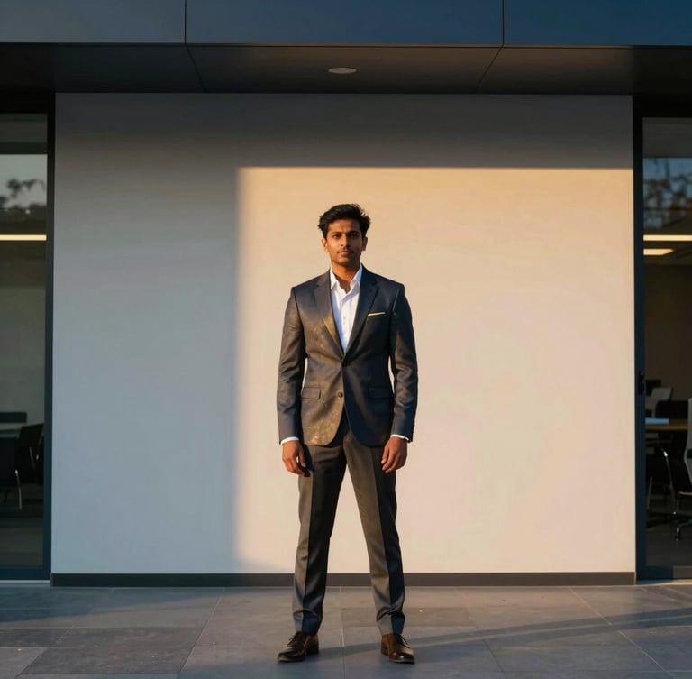 Professional portrait of Anshu John in a modern corporate office, sharp suit, crisp lighting, subtle gold accents, looking confident and approachable, clean minimalist background.