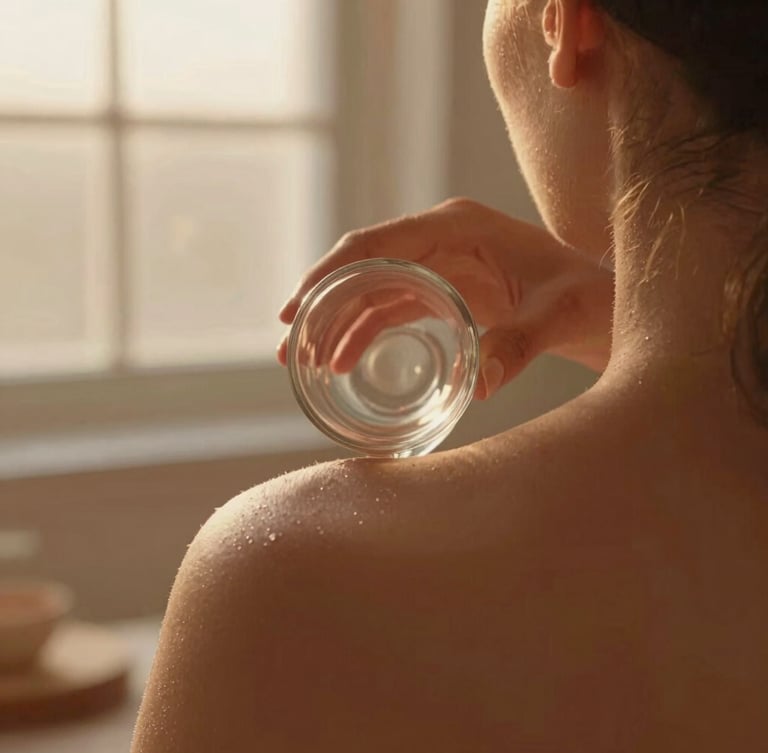 Close-up of warm hands gently placing a glass cupping cup on a back, soft golden-hour window light, warm terracotta tones, shallow depth of field, 35mm