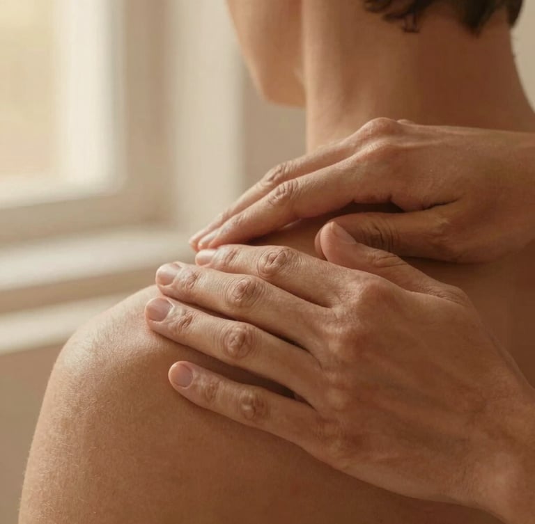 Close-up of warm hands gently practicing somatic therapy on a shoulder, soft golden light, focused on the healing touch, linen textures, shallow depth of field