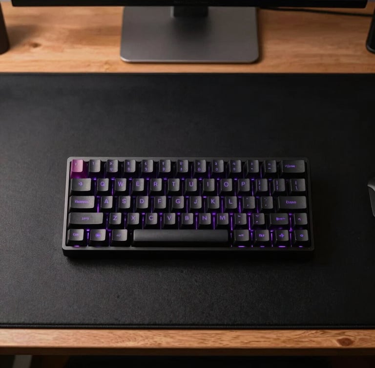 Symmetrical overhead shot of a premium minimalist desk setup, custom mechanical keyboard with subtle purple backlighting, matte black desk mat, diffused warm light