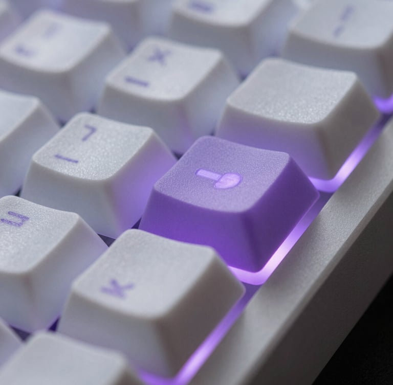 Extreme macro close-up of a custom mechanical keyboard, frosted polycarbonate case, premium keycaps, subtle purple LED illumination from beneath, shallow depth of field, sharp focus on a single keycap