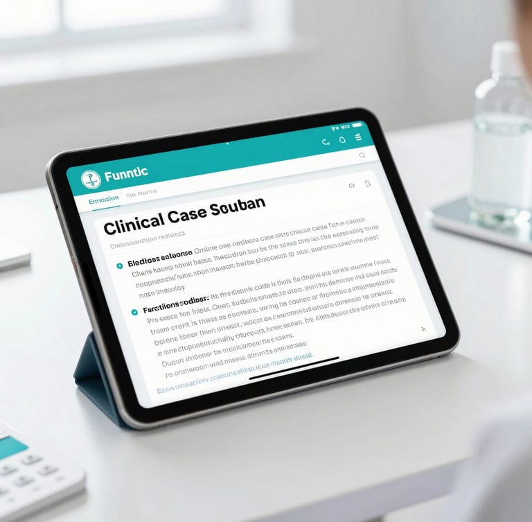 A high-fidelity digital tablet displaying a clinical case study question, clean medical interface with teal accents, bright natural daylight on a sterile white desk, shallow depth of field.