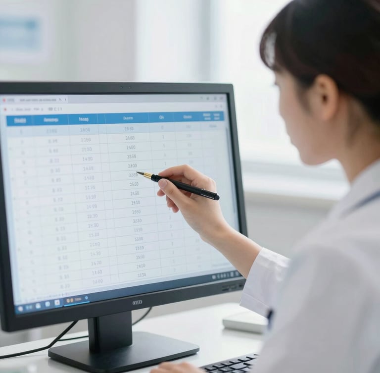 Eye-level medium close-up of a nursing student analyzing a performance chart on a monitor, bright clinical lighting, shallow depth of field.