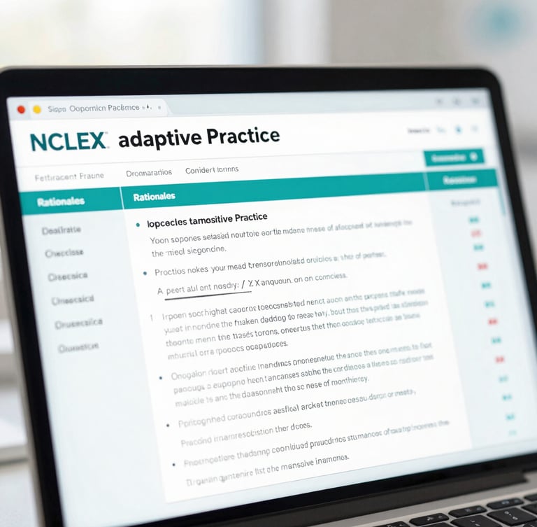 Direct, unskewed screenshot of a clean clinical dashboard showing NCLEX adaptive practice questions, detailed rationales, and progress charts, soft teal accents, bright daylight.
