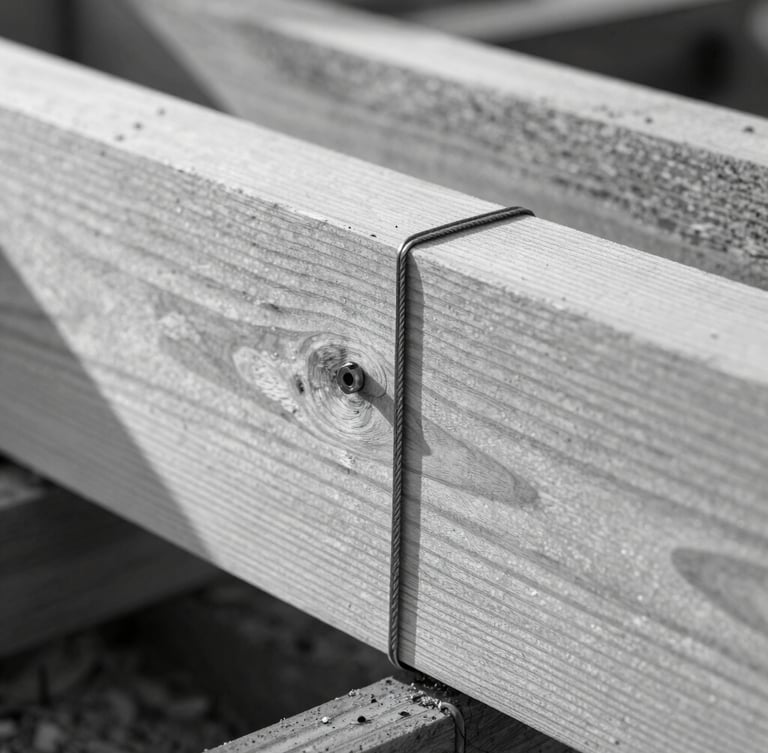 Extreme close-up of deeply textured Douglas fir timber formwork with steel tie-rods, raking side-light highlighting the raised wood grain