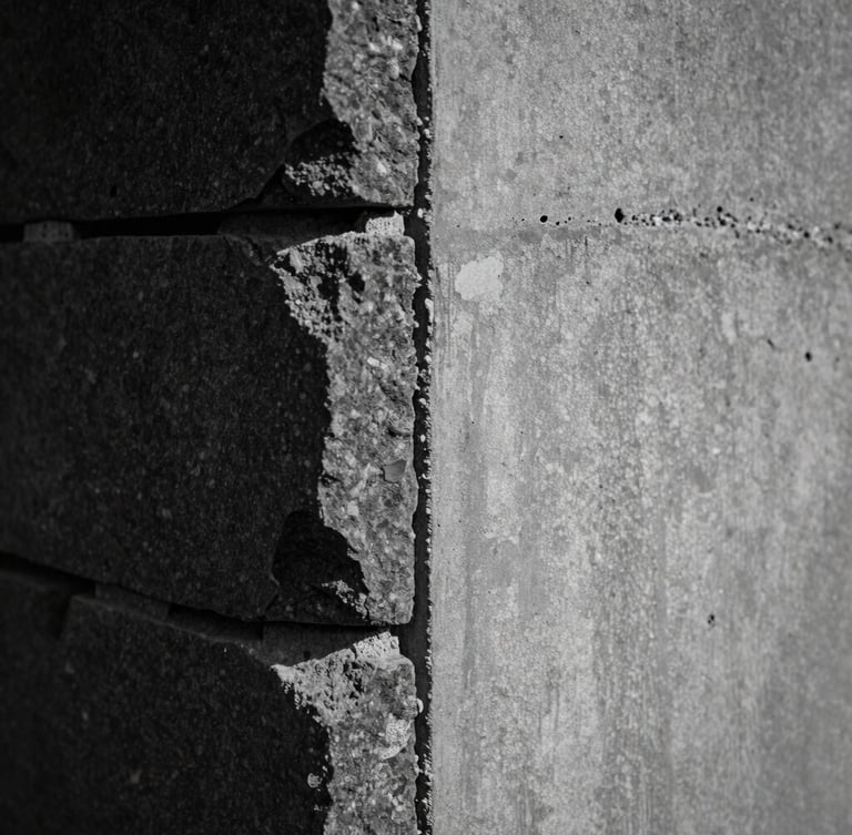 Extreme close-up of a structural masonry joint where hand-chiseled dark stone meets smooth gray board-formed concrete, perfect alignment, high-contrast side-light.