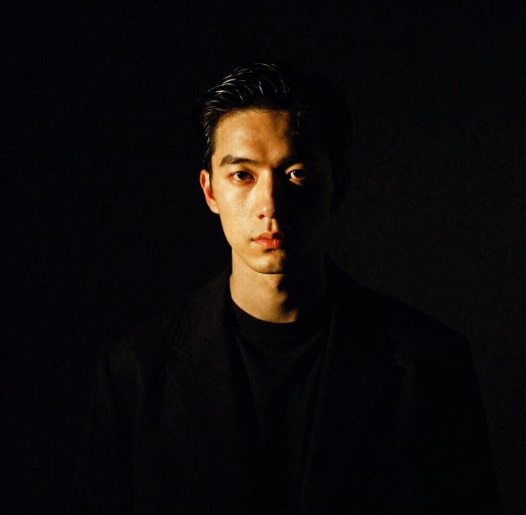 Dramatic low-key portrait of a designer working in a dark studio, high-contrast chiaroscuro lighting, warm gold accents, 35mm film grain