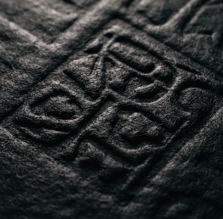 Macro crop of heavy textured paper with deep letterpress impression, dramatic chiaroscuro studio lighting, dark ink-black tones, 35mm film grain