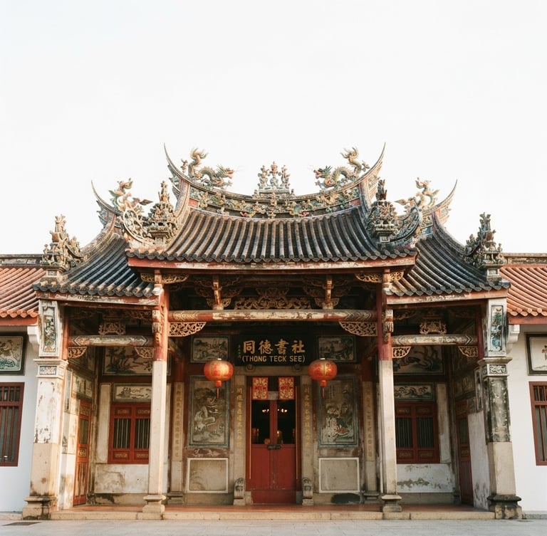 Low-angle architectural shot of a traditional Singaporean clan building facade, soft morning light reflecting on historic roof tiles, crisp white background.