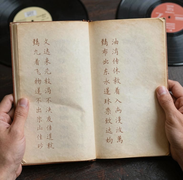 Close-up of hands carefully holding a delicate, aged Chinese clan manuscript under soft natural window light, showing paper texture.