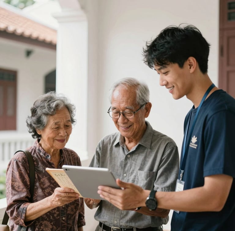 An elderly Singaporean clan leader smiling as he shows historical records on a modern tablet to a younger volunteer in a bright, airy heritage building.