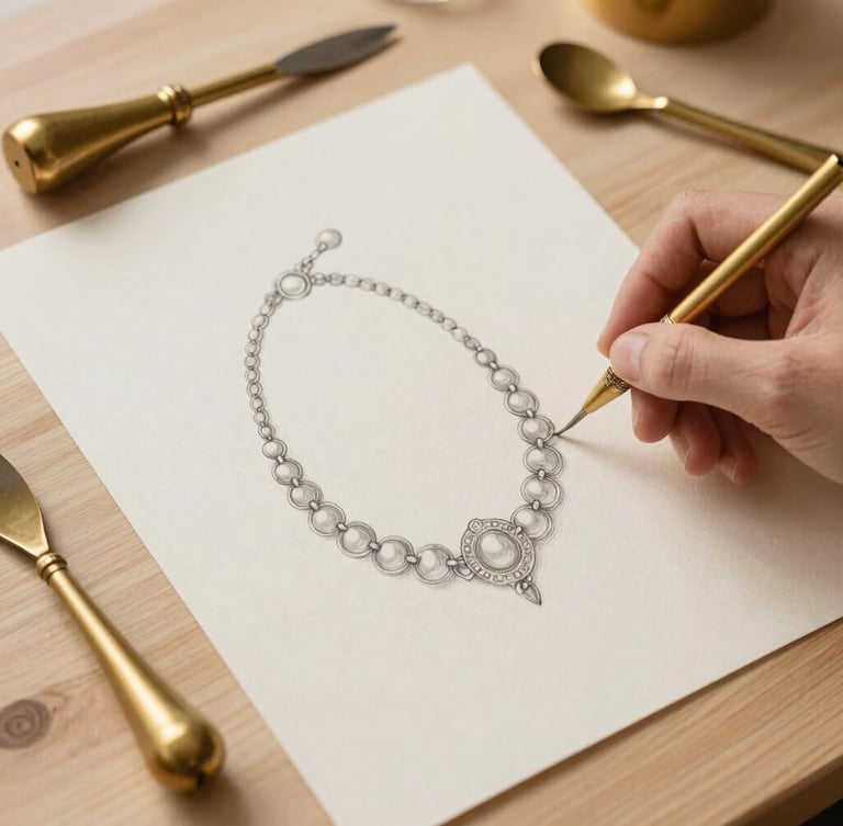 Overhead flatlay of a delicate hand sketching a jewelry design on handmade paper, surrounded by vintage brass goldsmith tools on a sunlit wooden workbench, soft cream tones.