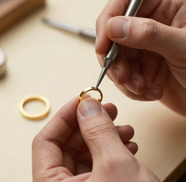 Macro photograph of a master jeweler's hands using a fine chisel on a gold ring, soft sunlit studio daylight, rich cream and gold tones, shallow depth of field.