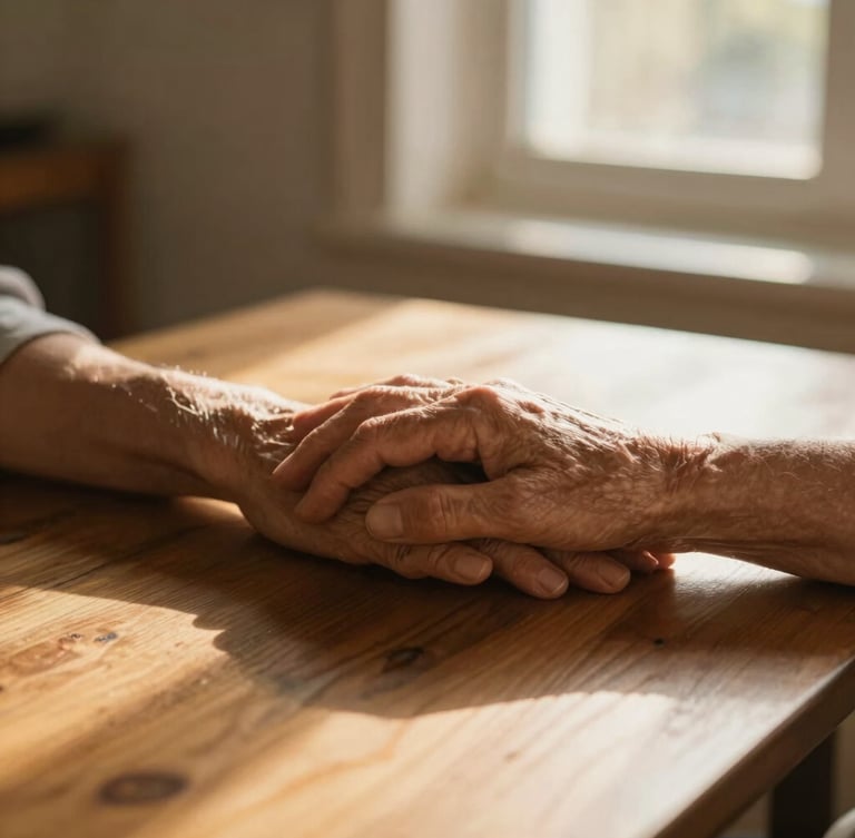 A close-up of a caregiver's hand gently holding an elderly client's hand on a sunlit wooden table, warm golden-hour window light, shallow depth of field, 35mm