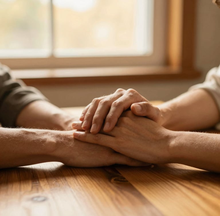 A close-up of two hands resting together on a warm wooden table, soft golden-hour window light, shallow depth of field, cozy editorial photography
