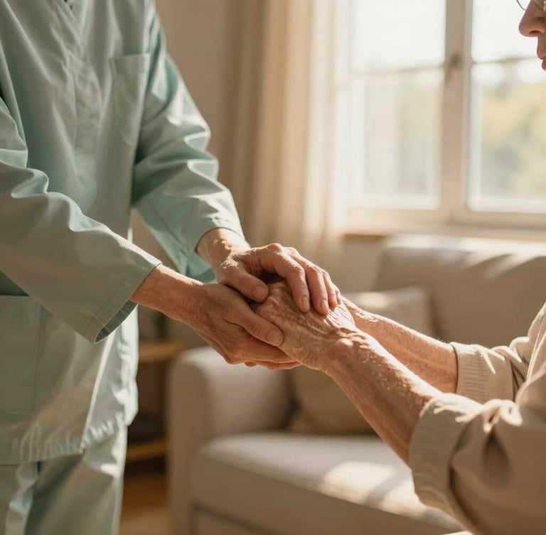 A warm, sun-lit living room where a caregiver in a soft green tunic gently holds the hand of an elderly woman, soft morning window light, shallow depth of field, 35mm