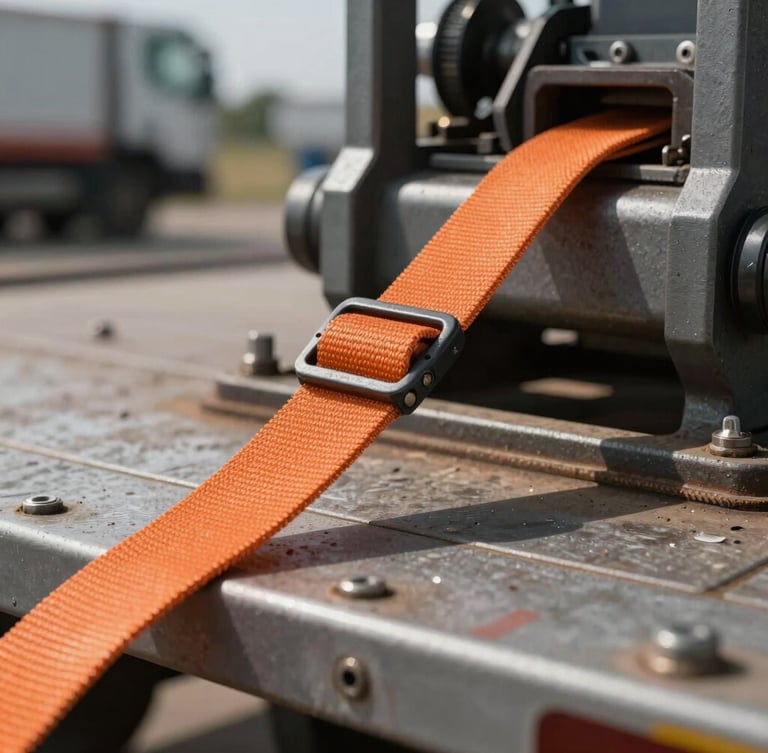Macro shot of a heavy-duty orange tie-down strap tensioned over industrial machinery on a flatbed trailer, metallic textures, hard midday sun.
